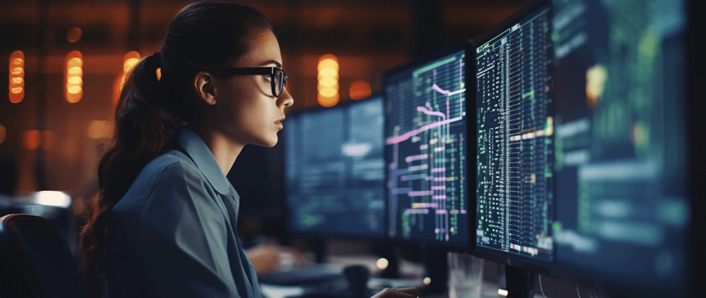 Woman using a computer with dual moniters